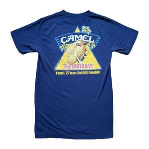 Vintage 80s Joe Camel 75th Birthday Sz Large Single Stitch USA Made Blue Shirt